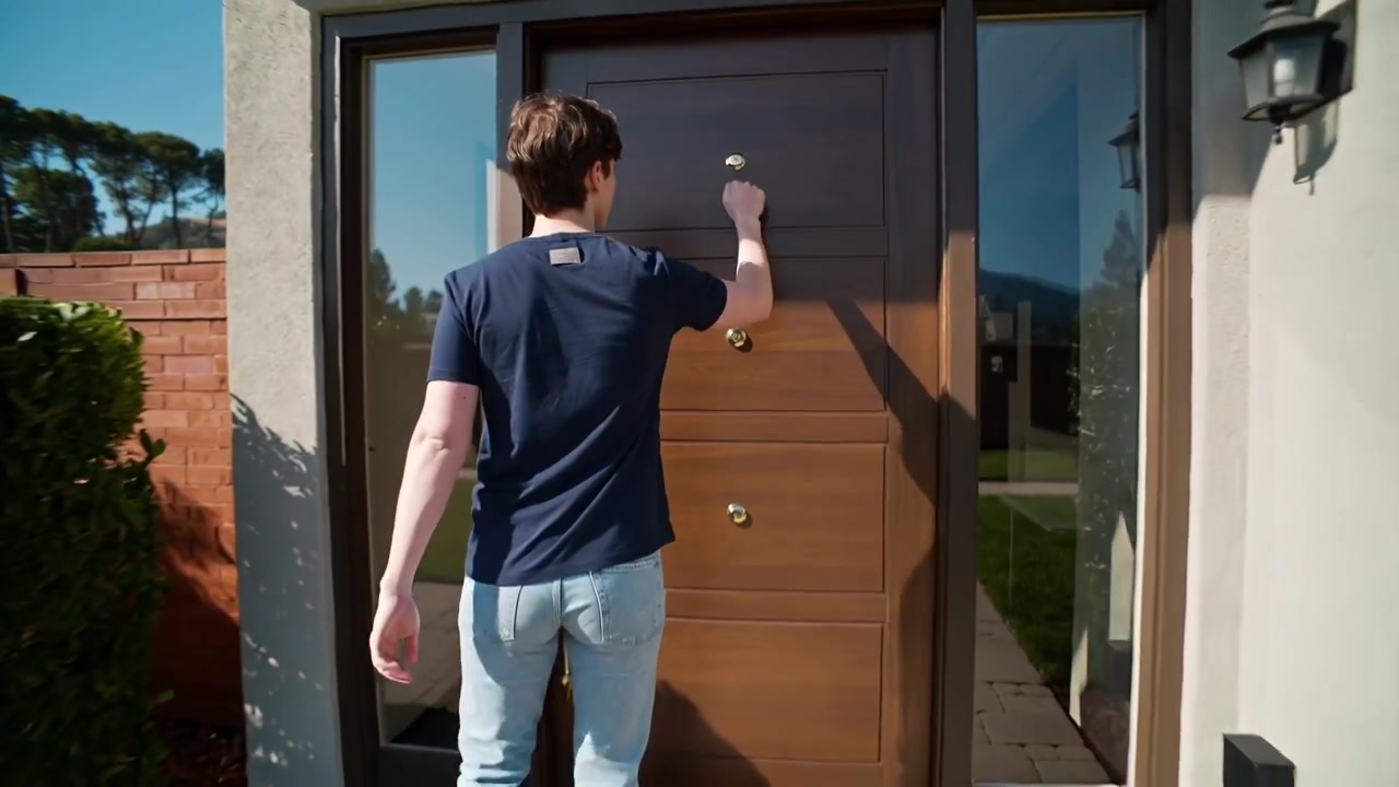 Walking adult male in navy tee, jeans reaching suburban porch, using knocker, awaiting reply