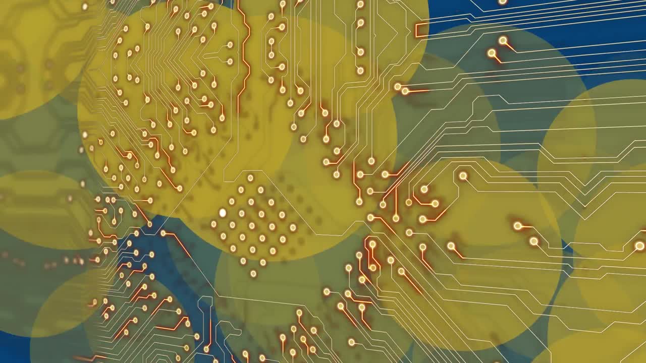 Animation of yellow dots over integrated circuit on blue background