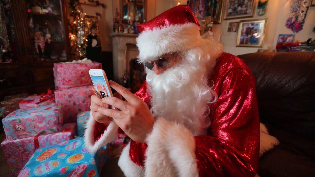 A Festive Santa Claus Engrossed in His Smartphone Amidst a Room Adorned with Holiday Decorations and Colorful Gift Boxes, Captured in a Christmas Setting