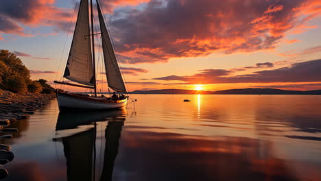 sailboat anchored at sunset on calm waters near the shore
