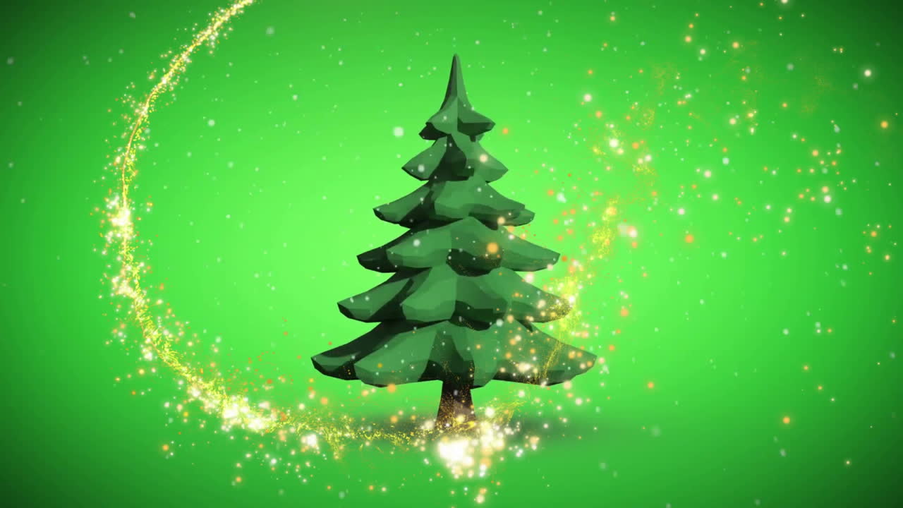 Christmas tree with sparkling light trail animation on green background