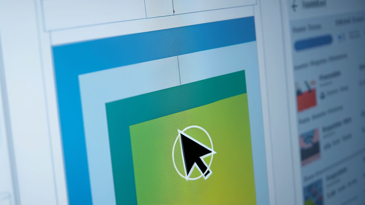 Click appearing, black pointer moving across color panels on desktop selecting panel, with ripple