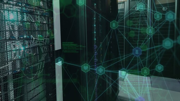 Animation of network of connections and data processing over computer servers