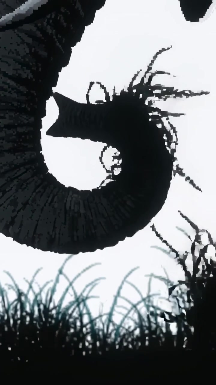 Video verticale: Annusando l'erba, la proboscide di un elefante si curva nel prato, sollevando un ramoscello e un ciuffo d'erba per il cibo.