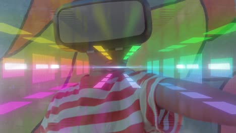 활기찬 네온 배경에 vr 헤드 ⁇ 을 착용 한 소년의 애니메이션