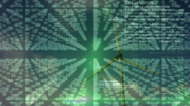 Animation of padlock icon and data processing over wind turbine