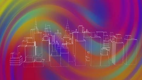 animation of metaverse city over multicolour changing background