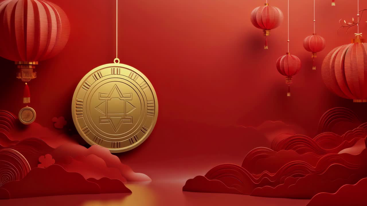 Aerial view of red lanterns and a golden coin in a serene, abstract landscape
