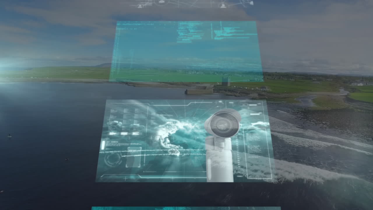 animación de pantallas móviles sobre paisajes marinos