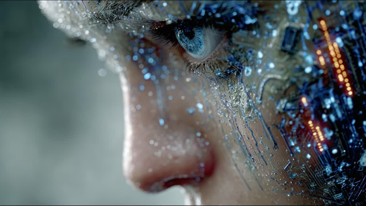 An Intricate Fusion of Human and Technology: A Close-Up Exploration of a Cybernetic Being's Eyes Showcasing Advanced Interfaces and Emotionally Charged Detail