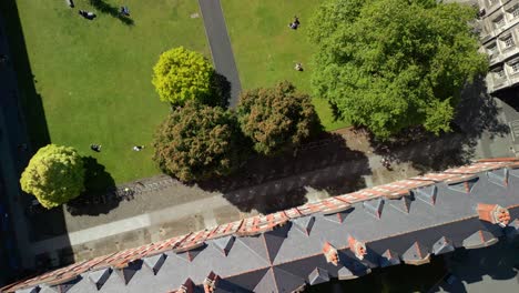 overhead ascending aerial video of the campus of trinity college in dublin, ireland on a sunny day. filmed in 4k, 60fps and with rec709 color.