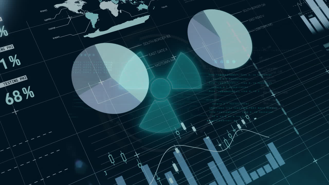 Animation of radiation symbol with pie charts on financial graphs and world map