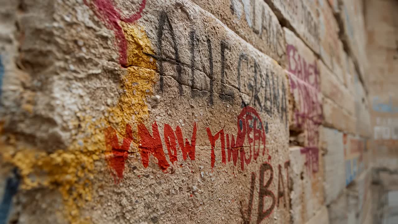 Telecamera in movimento che rivela muratura grezza in un vicolo, con cartellino rosso, macchia gialla e cartellini nero-viola