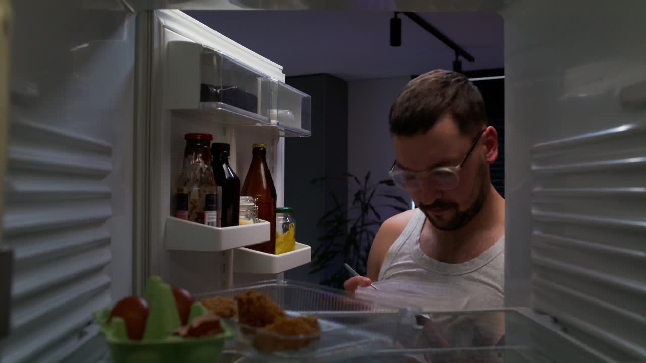 hombre comiendo bocadillo de noche desde el refrigerador