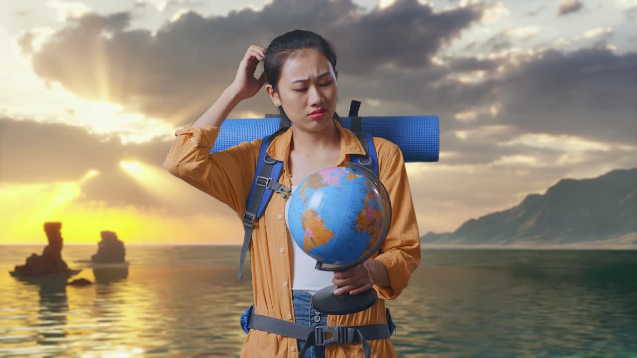 Escursionista asiatica con zaino da alpinismo che guarda un mappamondo tra le mani e fa un gesto confuso mentre si trova su una spiaggia al tramonto