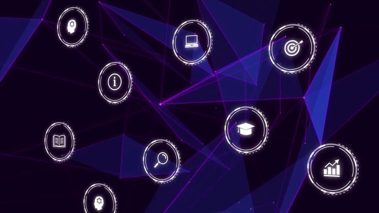 Animation of falling education icons over network of connections on dark background
