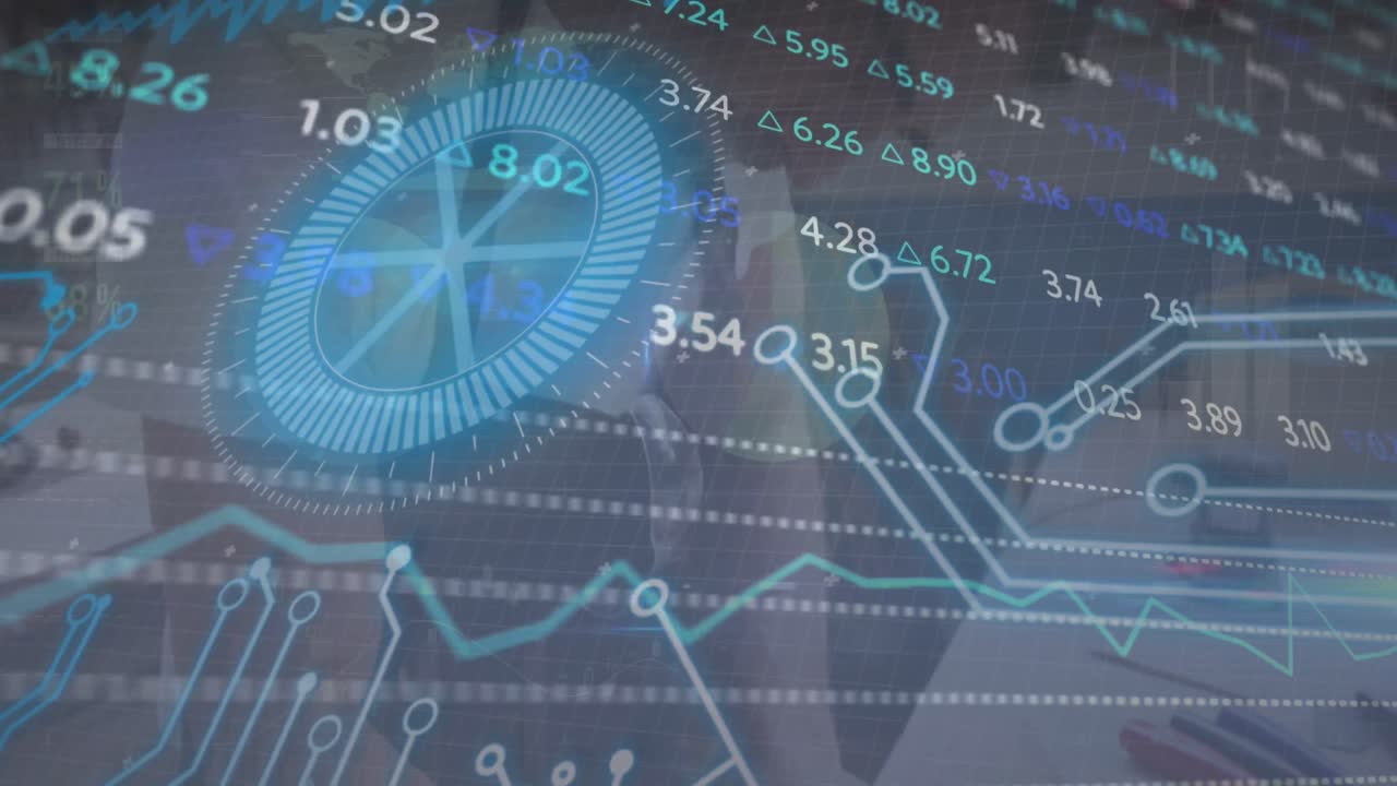 la animación muestra a diferentes personas usando una computadora para ver un mercado bursátil global.