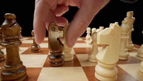 Chess-Game-Move,-Knight-Takes-Knight,-Macro-Slow-Motion-Push-In