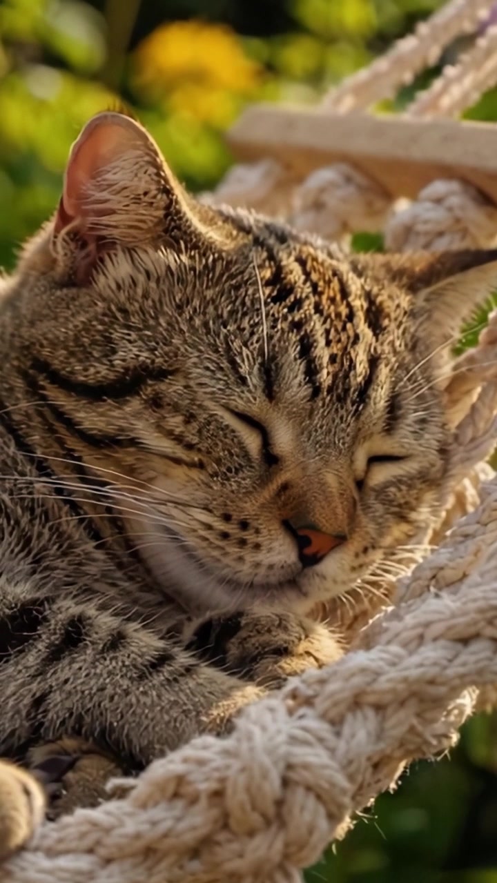 Un gatto adorabile si gode un sonnellino tranquillo su un'accogliente amaca, circondato da colorati fiori da giardino sotto il caldo sole.