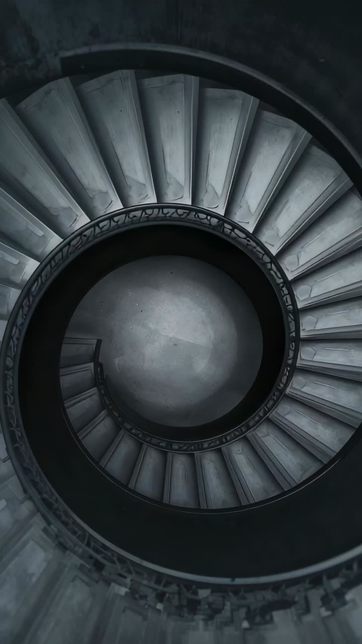 Vertical video: Starting camera zooming and rotating over spiral stone stairs, emphasizing rings