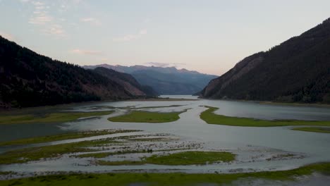 Aerial-Drone-Slow-Moving-Panning-Shot-of-Soo-River-in-British-Columbia-Canada-4K