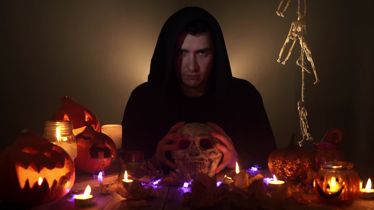 человек в черном капюшоне держит череп и ужасно смотрит прямо