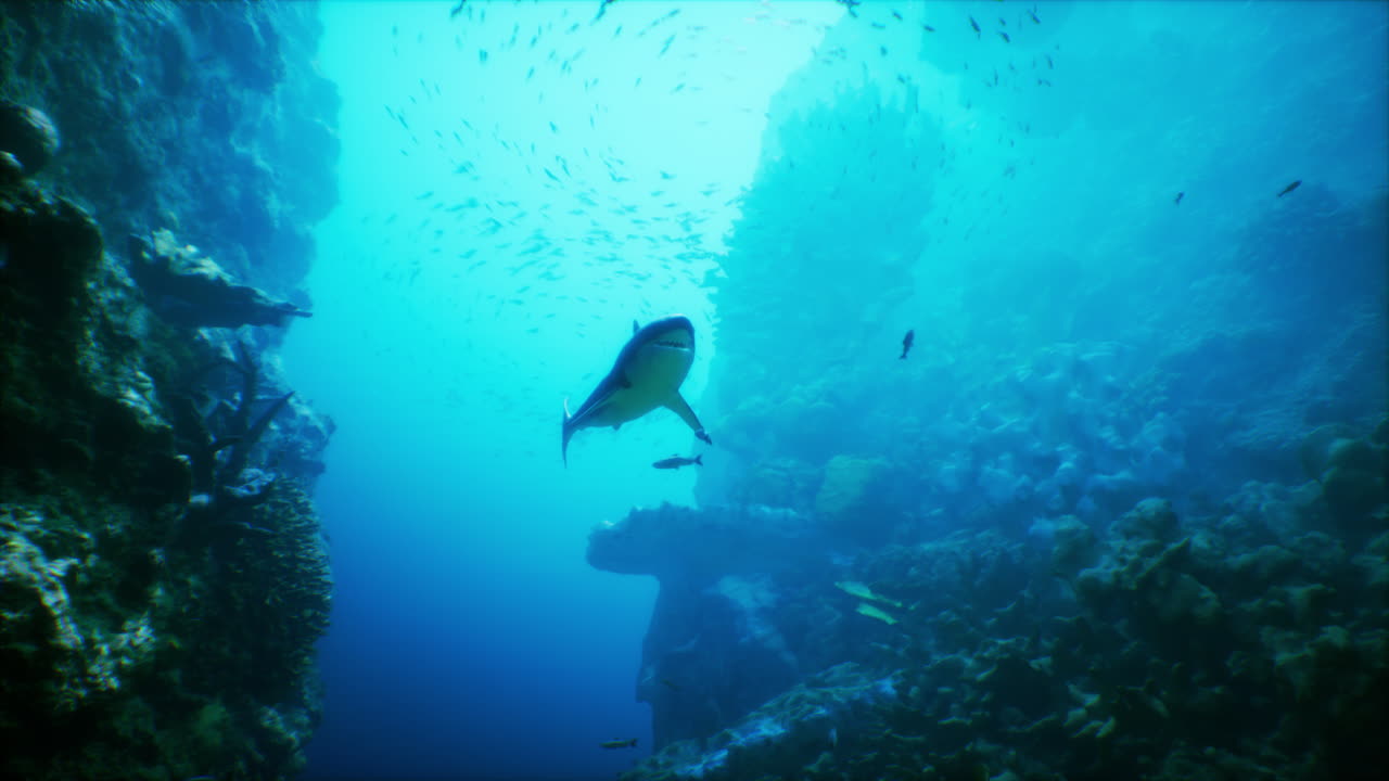 산호초 위 를 헤엄치는 큰 상어