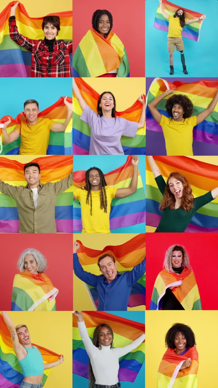 Diverse group of people celebrating LGBTQ Pride with rainbow flags