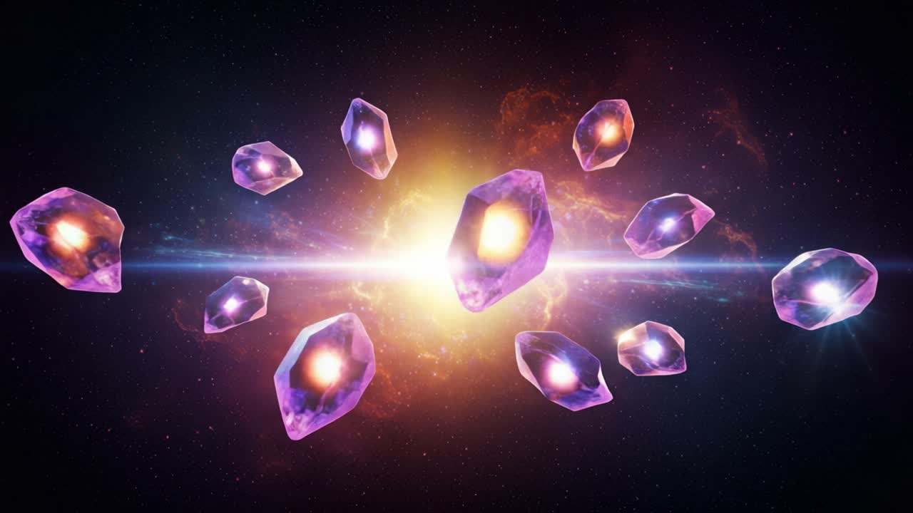 A Stunning Cosmic Display of Glowing Crystals Set Against a Starry Background, Radiating Light and Colors That Capture the Beauty of the Universe