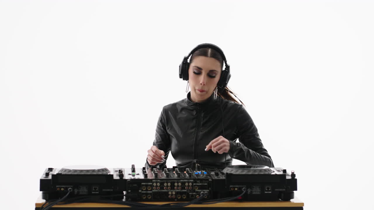 A female DJ mixing music on a turntable
