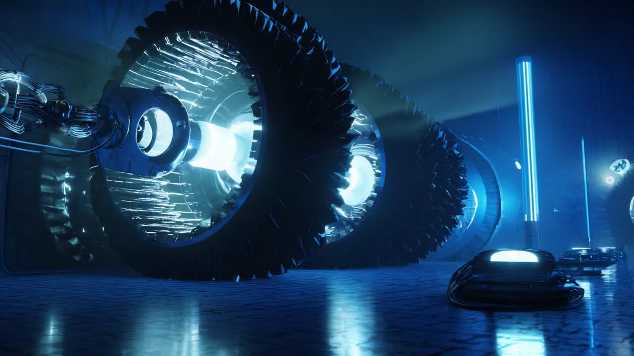 Powerful sci fi engine with glowing blue lights rotating inside a futuristic industrial facility, showing advanced machinery and automated drone robots working in a dark, high tech environment