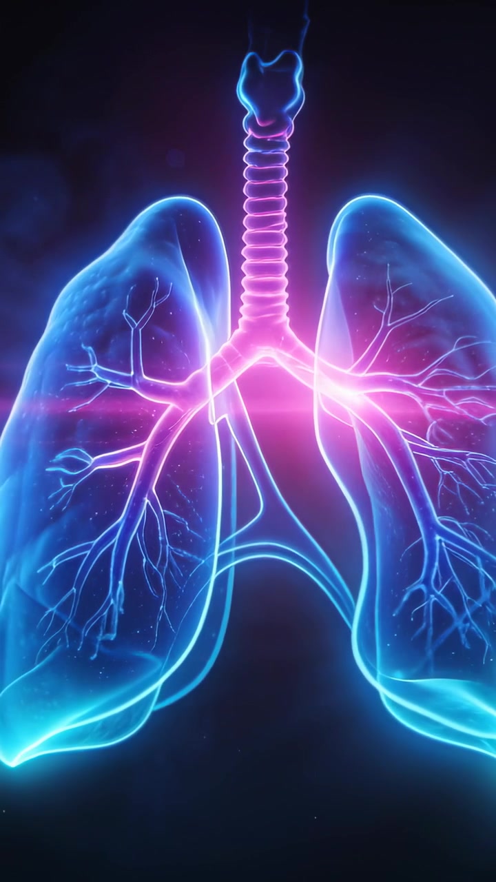 Video verticale: Bagliore pulsante che emerge nei bronchi sinistri, si sposta nella trachea su sfondo nero, illuminando i polmoni