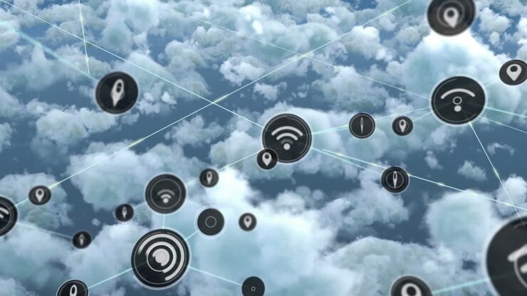 Animation af netværk af forbindelser af ikoner med wi-fi over skyer