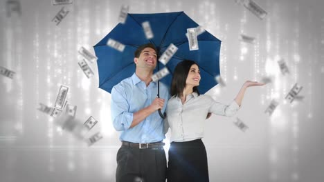 business people standing under umbrella