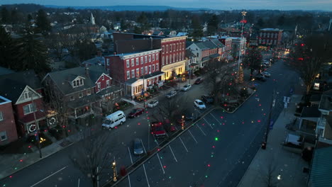 aerial of christmas lights, tree in town