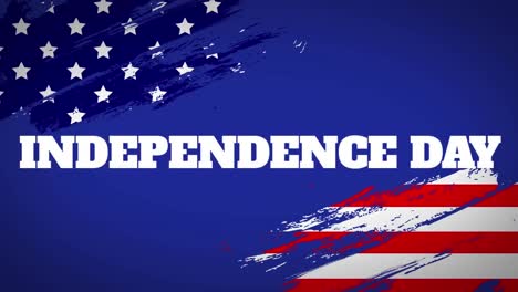 animation of independence day text with national flag of america against blue background