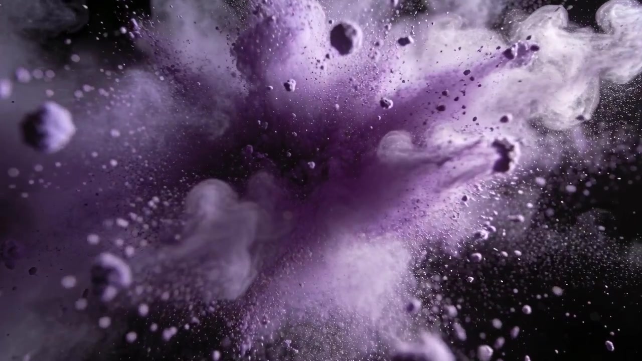 Core rupturing launching purple powder cloud expanding in studio, rim lighting outlining particles