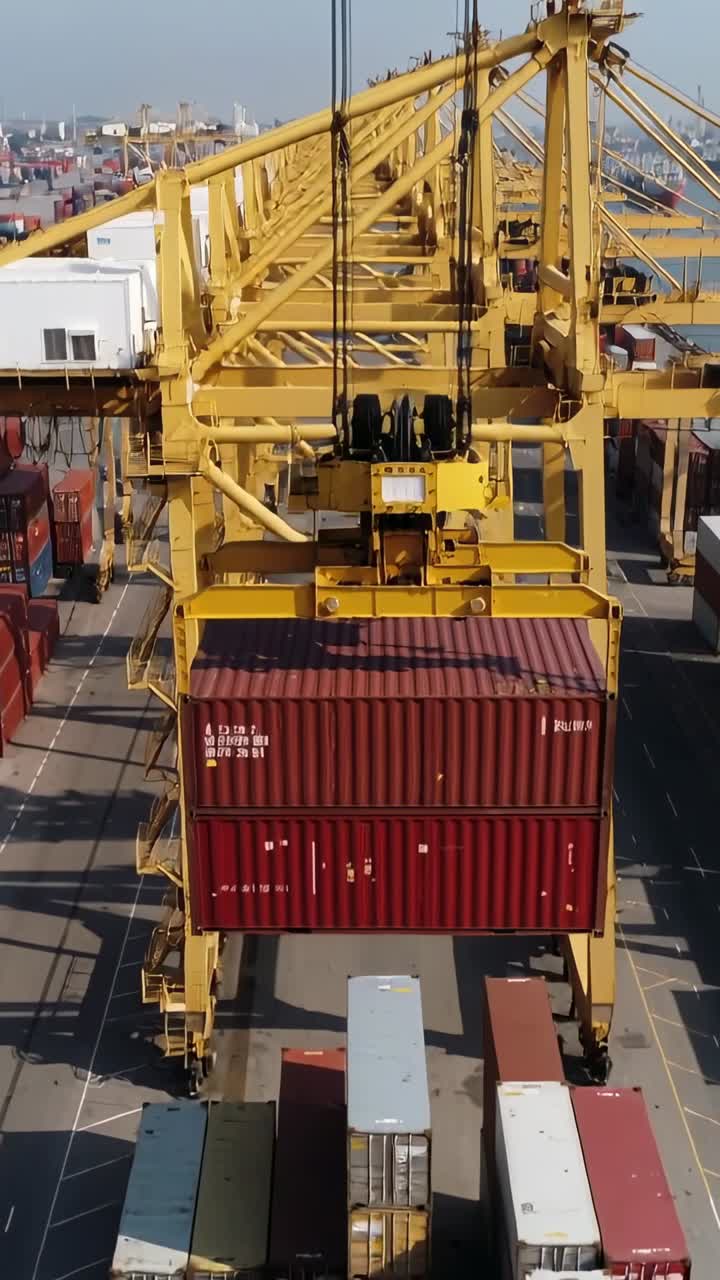 Vertikal video: Styring sender, gul portalkran sænker rød container i havn og placerer den på chassis.