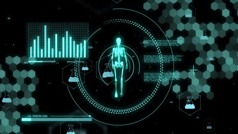 animación de escaneo de alcance y procesamiento de datos con modelo de esqueleto humano en fondo negro