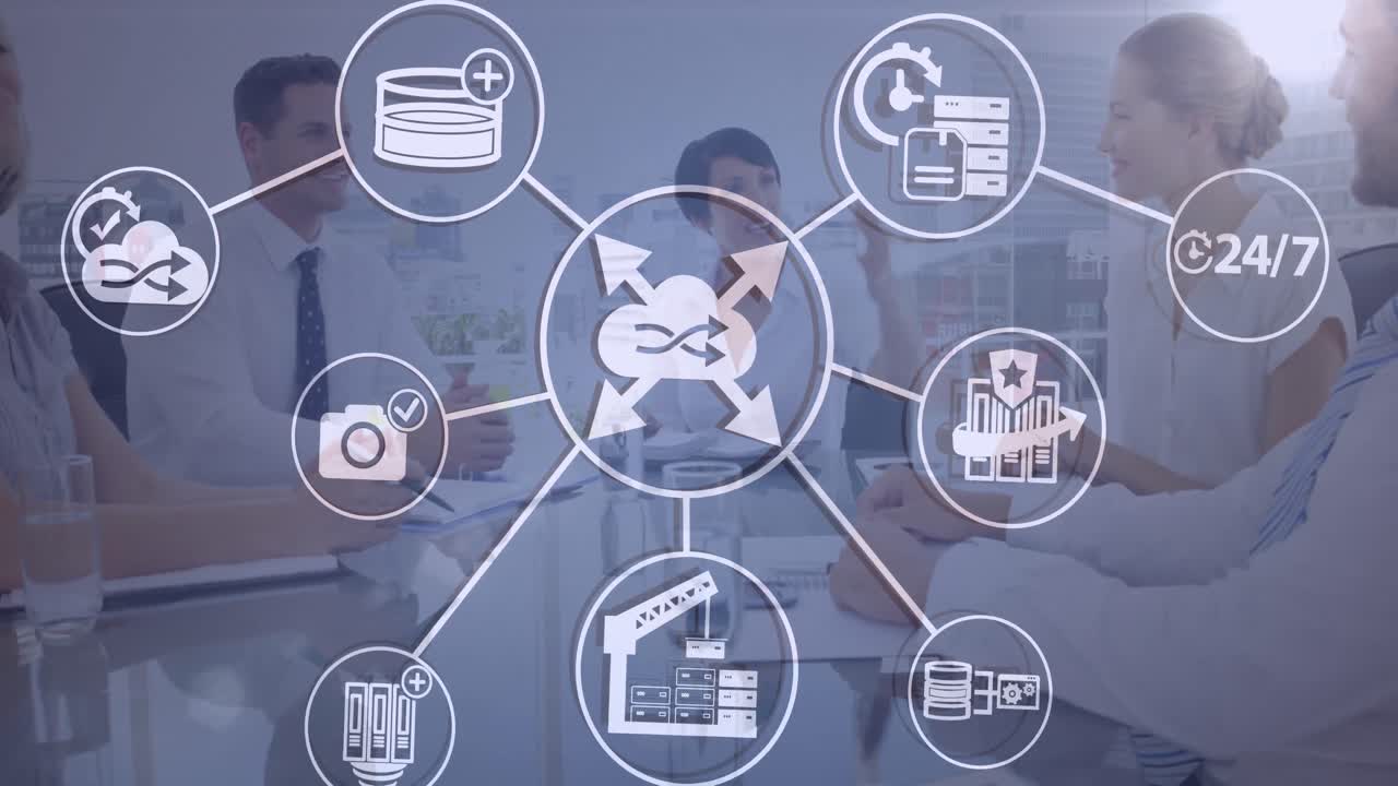 red de iconos digitales contra un equipo de empresarios discutiendo juntos en una reunión en la oficina