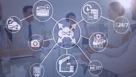 red de iconos digitales contra un equipo de empresarios discutiendo juntos en una reunión en la oficina