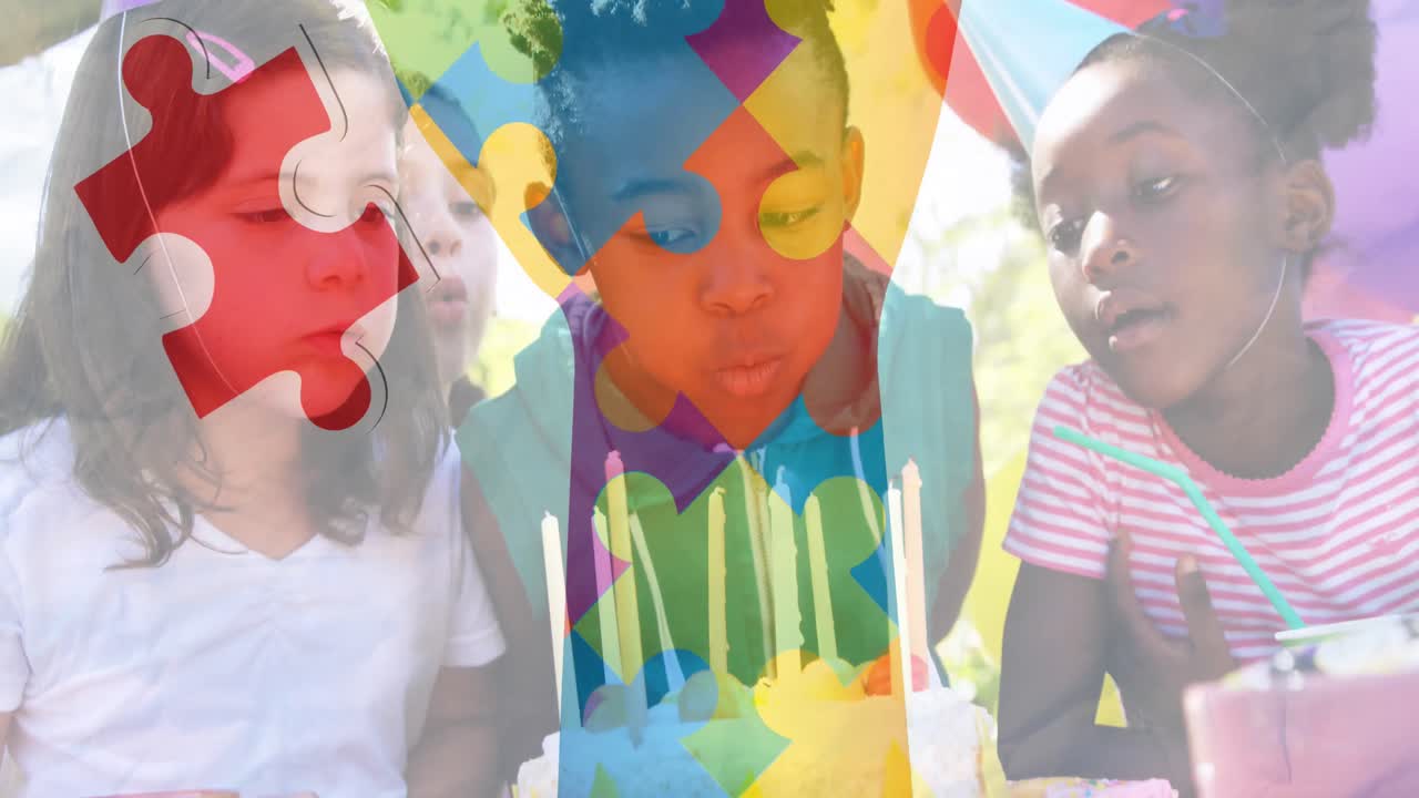 animación de piezas de rompecabezas coloridas entregan a los niños con pastel de cumpleaños en la fiesta