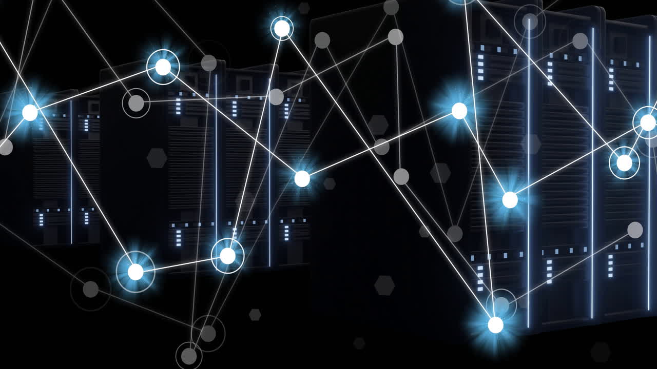 Network connections and data processing animation over server racks in dark room