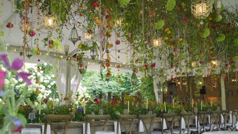 close-up focus on flowers panning out to reveal entire fairytale wedding banquet setting