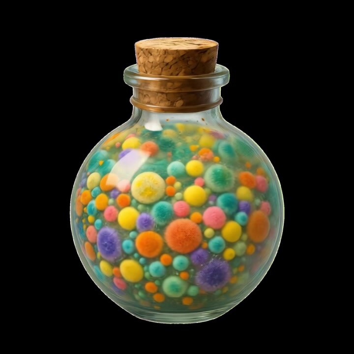 Glass Bottle Filled With Colorful Floating Spheres