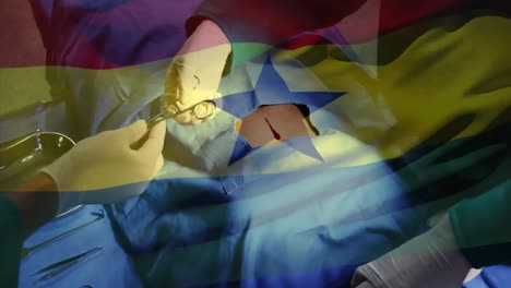 animación de la bandera de ghana ondeando sobre los cirujanos en el quirófano