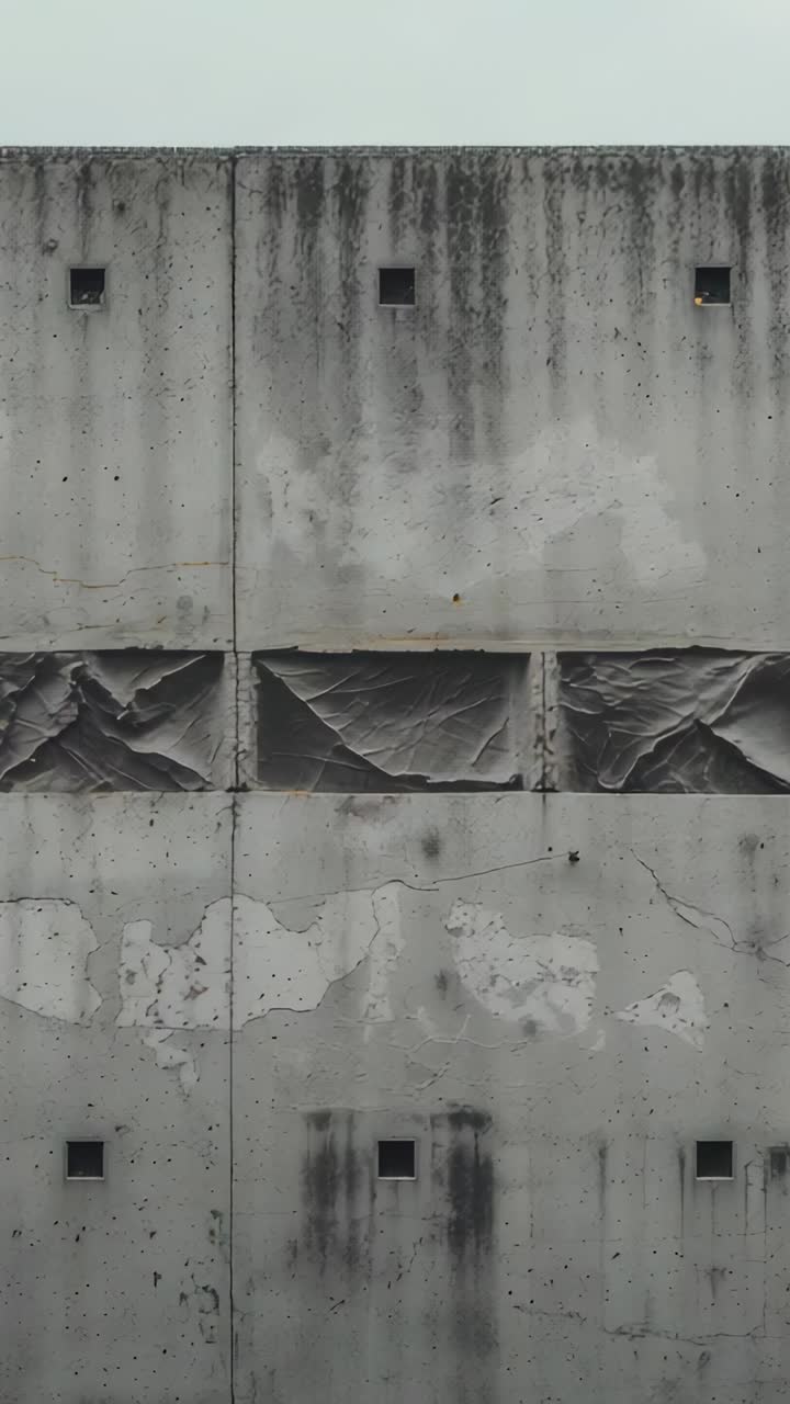 Video verticale: registrazione con videocamera di una facciata deteriorata in un parcheggio, che documenta i rivestimenti strappati
