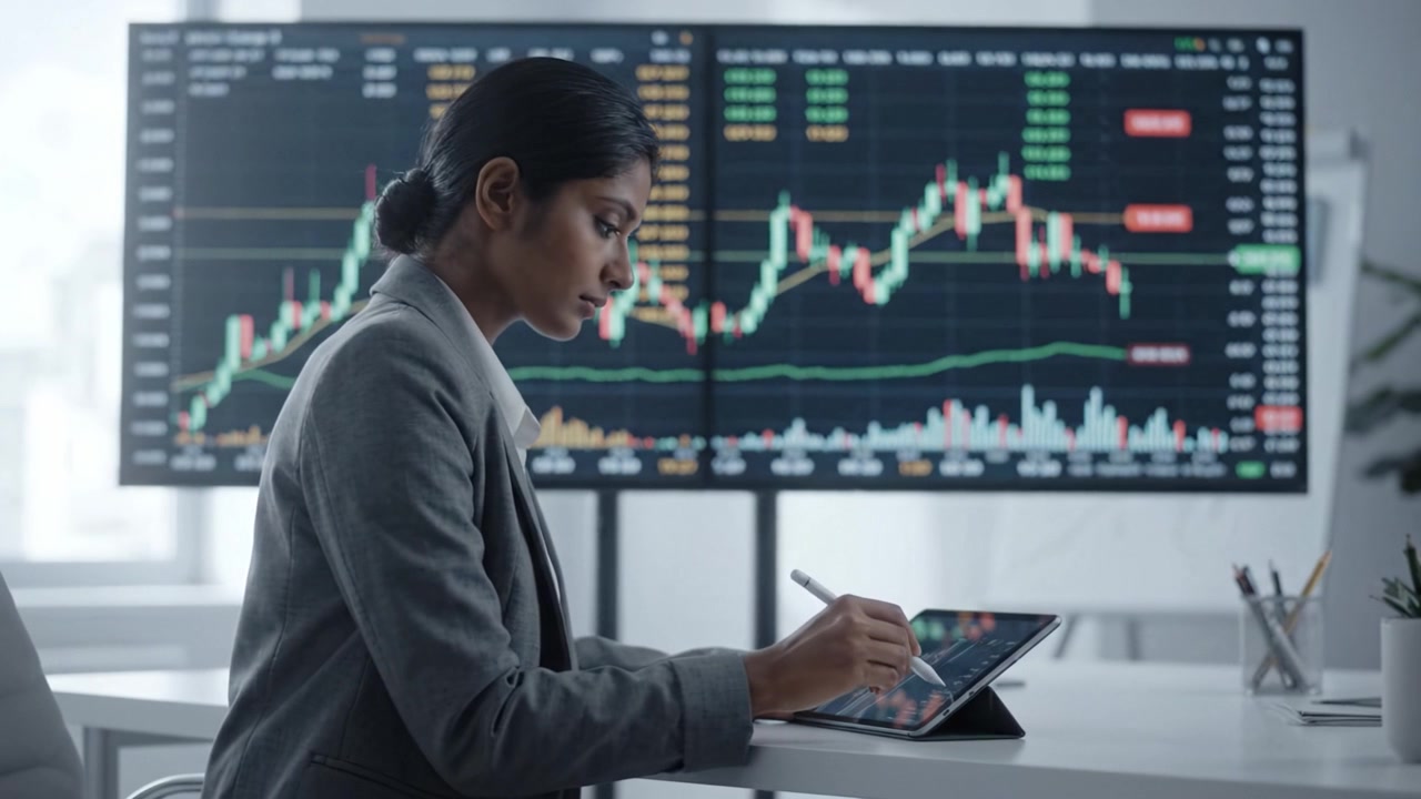 Un'analisi mirata delle tendenze di mercato da parte di una professionista, mentre utilizza la tecnologia per tracciare dati finanziari e prendere decisioni di investimento informate in uno spazio di lavoro moderno.