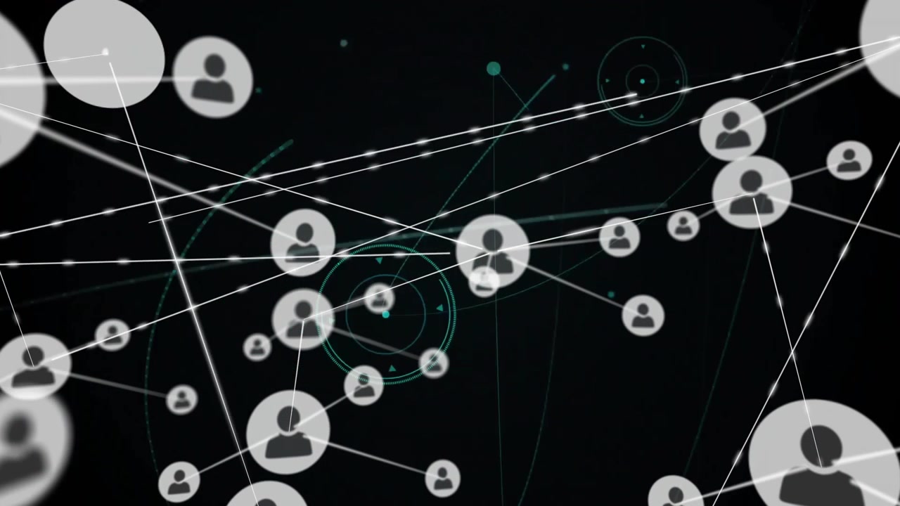 Bright dot expanding into icon linking icons rotating under purple flare pulsing HUD network growth