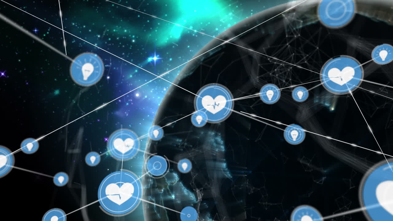 animación de redes de conexiones con iconos en todo el mundo sobre fondo negro